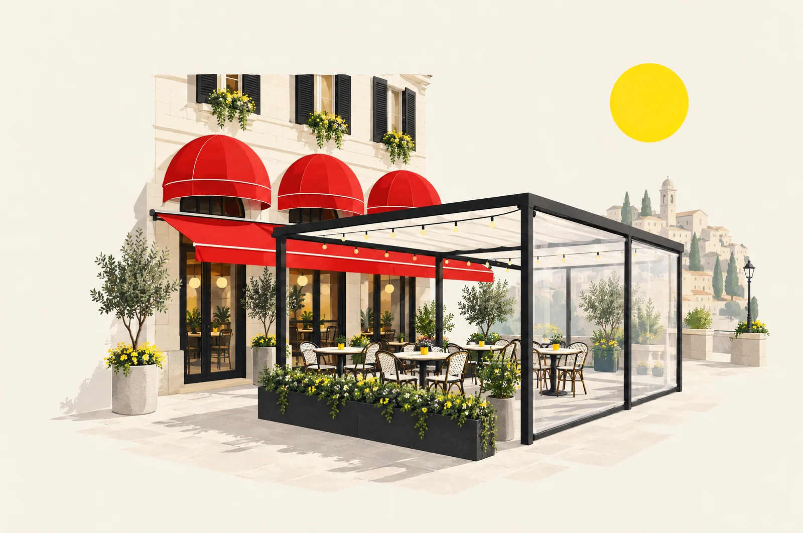 Illustrazione Style Tenda: tende, pergole e dehors per bar, ristoranti e negozi